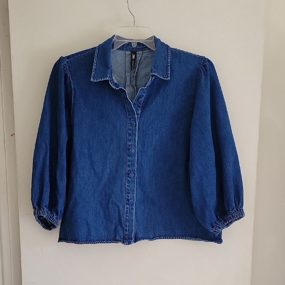 ZARA Blue Denim Button-Up Shirt Sz XL